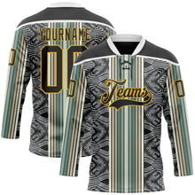 Laden Sie das Bild in den Galerie-Viewer, Uksn Individuelles Schwarz Blau Gold-Weiß 3D-Muster Design-Streifen Eishockey-Trikot mit Schnürkragen
