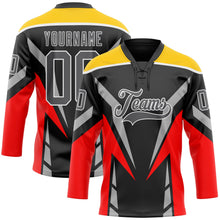 Laden Sie das Bild in den Galerie-Viewer, Uksn Individuelles Schwarz Stahlgrau Rot Gelb-Weiß 3D abstrakte Muster-Grafik Cyber-Mecha E-Sport Eishockey-Trikot mit Schnürkragen
