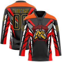 Laden Sie das Bild in den Galerie-Viewer, Uksn Individuelles Schwarz Rot Grau Orange-Gelb 3D abstrakte Muster-Grafik Cyber-Mecha E-Sport Eishockey-Trikot mit Schnürkragen

