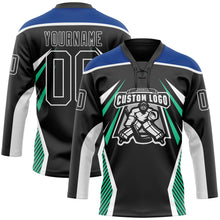 Laden Sie das Bild in den Galerie-Viewer, Uksn Individuelles Schwarz Royalblau Grün-Weiß 3D abstrakte Muster-Grafik Cyber-Mecha E-Sport Eishockey-Trikot mit Schnürkragen

