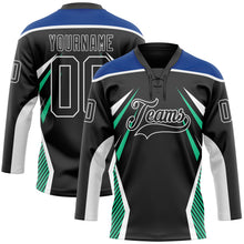 Laden Sie das Bild in den Galerie-Viewer, Uksn Individuelles Schwarz Royalblau Grün-Weiß 3D abstrakte Muster-Grafik Cyber-Mecha E-Sport Eishockey-Trikot mit Schnürkragen
