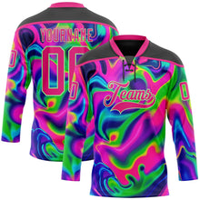 Laden Sie das Bild in den Galerie-Viewer, Uksn Individuelles Schwarz Hot Pink-Erbsengrün 3D-Muster trippy-psychedelischer Neon-Trendy holografischer Vaporwave-Stil Eishockey-Trikot mit Schnürkragen
