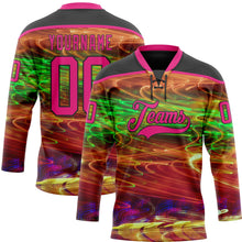Laden Sie das Bild in den Galerie-Viewer, Uksn Individuelles Schwarz Hot Pink Gelb-Grün 3D-Muster trippy-psychedelisch Eishockey-Trikot mit Schnürkragen

