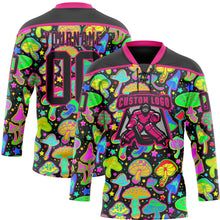 Laden Sie das Bild in den Galerie-Viewer, Uksn Individuelles Schwarz Hot Pink 3D-Muster trippy-psychedelische Magic Mushrooms Eishockey-Trikot mit Schnürkragen
