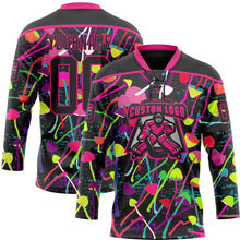 Laden Sie das Bild in den Galerie-Viewer, Uksn Individuelles Schwarz Hot Pink 3D-Muster trippy-psychedelische Magic Mushrooms Eishockey-Trikot mit Schnürkragen
