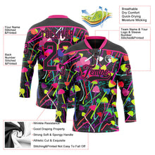 Laden Sie das Bild in den Galerie-Viewer, Uksn Individuelles Schwarz Hot Pink 3D-Muster trippy-psychedelische Magic Mushrooms Eishockey-Trikot mit Schnürkragen
