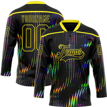 Laden Sie das Bild in den Galerie-Viewer, Uksn Individuelles Schwarz Hellgelb 3D-Muster trippy-psychedelisch fluid Eishockey-Trikot mit Schnürkragen
