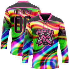Laden Sie das Bild in den Galerie-Viewer, Uksn Individuelles Schwarz Pink Gelb Grün-Blau 3D-Muster trippy-psychedelischer Neon-Trendy holografischer Vaporwave-Stil Eishockey-Trikot mit Schnürkragen
