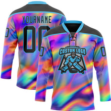 Laden Sie das Bild in den Galerie-Viewer, Uksn Individuelles Schwarz Himmelblau Gelb-Grün 3D-Muster trippy-psychedelischer Neon-Trendy holografischer Vaporwave-Stil Eishockey-Trikot mit Schnürkragen
