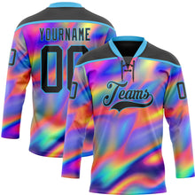Laden Sie das Bild in den Galerie-Viewer, Uksn Individuelles Schwarz Himmelblau Gelb-Grün 3D-Muster trippy-psychedelischer Neon-Trendy holografischer Vaporwave-Stil Eishockey-Trikot mit Schnürkragen
