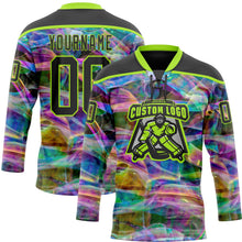 Laden Sie das Bild in den Galerie-Viewer, Uksn Individuelles Schwarz Neongrün 3D-Muster trippy-psychedelischer Trendy holografischer Vaporwave-Stil Eishockey-Trikot mit Schnürkragen
