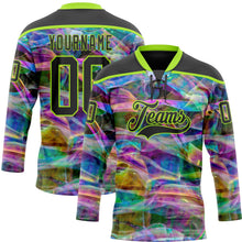 Laden Sie das Bild in den Galerie-Viewer, Uksn Individuelles Schwarz Neongrün 3D-Muster trippy-psychedelischer Trendy holografischer Vaporwave-Stil Eishockey-Trikot mit Schnürkragen
