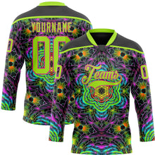 Laden Sie das Bild in den Galerie-Viewer, Uksn Individuelles Schwarz Neongrün-Hot Pink 3D-Muster trippy-psychedelisch geometrisch Eishockey-Trikot mit Schnürkragen
