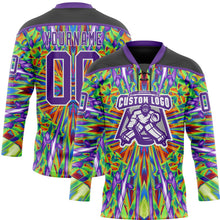 Laden Sie das Bild in den Galerie-Viewer, Uksn Individuelles Schwarz Violett Grün Orange-Weiß 3D-Muster trippy-psychedelisch geometrisch Eishockey-Trikot mit Schnürkragen

