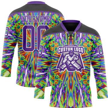 Uksn Individuelles Schwarz Violett Grün Orange-Weiß 3D-Muster trippy-psychedelisch geometrisch Eishockey-Trikot mit Schnürkragen