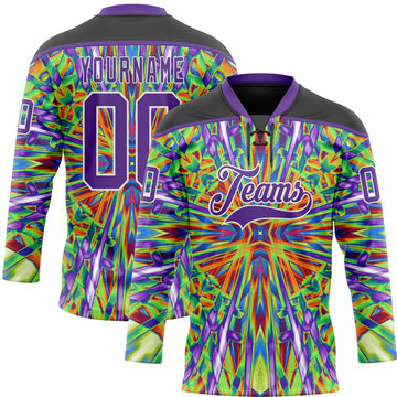Uksn Individuelles Schwarz Violett Grün Orange-Weiß 3D-Muster trippy-psychedelisch geometrisch Eishockey-Trikot mit Schnürkragen