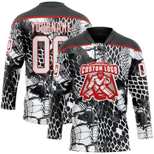 Laden Sie das Bild in den Galerie-Viewer, Uksn Individuelles Schwarz Weiß-Rot 3D-Muster Schlangenhautmuster Eishockey-Trikot mit Schnürkragen
