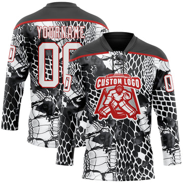 Uksn Individuelles Schwarz Weiß-Rot 3D-Muster Schlangenhautmuster Eishockey-Trikot mit Schnürkragen