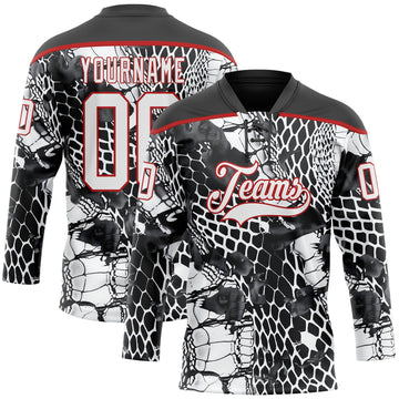 Uksn Individuelles Schwarz Weiß-Rot 3D-Muster Schlangenhautmuster Eishockey-Trikot mit Schnürkragen