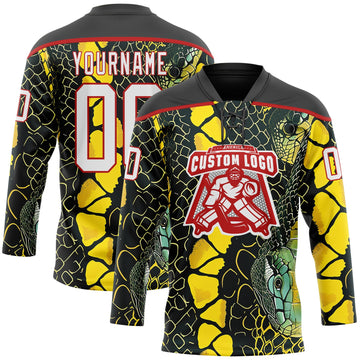 Uksn Individuelles Schwarz Weiß Gelb-Rot 3D-Muster Schlangenhautmuster Eishockey-Trikot mit Schnürkragen