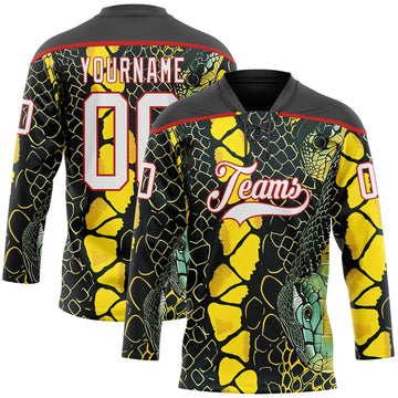 Uksn Individuelles Schwarz Weiß Gelb-Rot 3D-Muster Schlangenhautmuster Eishockey-Trikot mit Schnürkragen