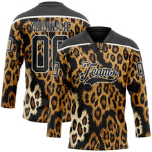 Laden Sie das Bild in den Galerie-Viewer, Uksn Individuelles Schwarz Braun Creme-Weiß 3D-Muster Leopardenmuster Eishockey-Trikot mit Schnürkragen

