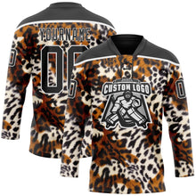 Laden Sie das Bild in den Galerie-Viewer, Uksn Individuelles Schwarz Braun Creme-Weiß 3D-Muster Leopardenmuster Eishockey-Trikot mit Schnürkragen

