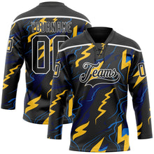 Laden Sie das Bild in den Galerie-Viewer, Uksn Individuelles Schwarz Gelb Blau-Weiß 3D-Muster Blitz Eishockey-Trikot mit Schnürkragen
