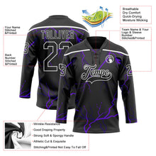 Laden Sie das Bild in den Galerie-Viewer, Uksn Individuelles Schwarz Violett-Weiß 3D-Muster Blitz Eishockey-Trikot mit Schnürkragen
