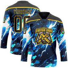 Laden Sie das Bild in den Galerie-Viewer, Uksn Individuelles Schwarz Blau Gelb-Weiß 3D-Muster Blitz Eishockey-Trikot mit Schnürkragen
