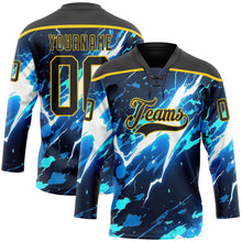 Laden Sie das Bild in den Galerie-Viewer, Uksn Individuelles Schwarz Blau Gelb-Weiß 3D-Muster Blitz Eishockey-Trikot mit Schnürkragen
