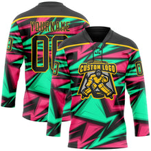 Laden Sie das Bild in den Galerie-Viewer, Uksn Individuelles Schwarz Grün Pink-Gelb 3D-Muster Blitz Eishockey-Trikot mit Schnürkragen
