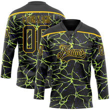 Laden Sie das Bild in den Galerie-Viewer, Uksn Individuelles Schwarz Gelb-Violett 3D-Muster Blitz Eishockey-Trikot mit Schnürkragen
