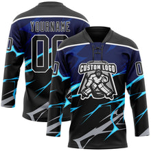 Laden Sie das Bild in den Galerie-Viewer, Uksn Individuelles Schwarz Blau Grau-Weiß 3D-Muster Blitz Eishockey-Trikot mit Schnürkragen
