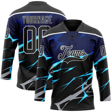 Laden Sie das Bild in den Galerie-Viewer, Uksn Individuelles Schwarz Blau Grau-Weiß 3D-Muster Blitz Eishockey-Trikot mit Schnürkragen

