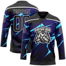 Laden Sie das Bild in den Galerie-Viewer, Uksn Individuelles Schwarz Blau-Weiß 3D-Muster Blitz Eishockey-Trikot mit Schnürkragen
