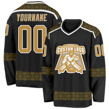 Laden Sie das Bild in den Galerie-Viewer, Uksn Individuelles Schwarz Altgold-Weiß 3D-Muster Karomuster Eishockey-Trikot
