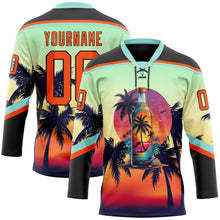 Laden Sie das Bild in den Galerie-Viewer, Uksn Individuelles Schwarz Orange Eisblau-Braun 3D-Muster Verlauf Hawaii Tropical Palmen Eishockey-Trikot mit Schnürkragen
