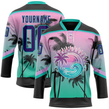 Laden Sie das Bild in den Galerie-Viewer, Uksn Individuelles Schwarz Violett Pink-Aqua 3D-Muster Verlauf Hawaii Tropical Palmen Eishockey-Trikot mit Schnürkragen

