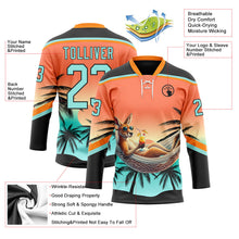 Laden Sie das Bild in den Galerie-Viewer, Uksn Individuelles Schwarz Eisblau-Orange 3D-Muster Verlauf Hawaii Tropical Palmen Eishockey-Trikot mit Schnürkragen
