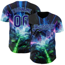 Laden Sie das Bild in den Galerie-Viewer, Uksn Individuelles Schwarz Dunkelviolett-Eisblau Cyber Tropische Palmen Dinosaurier Gothic-Fantasie Authentisches Baseball-Trikot
