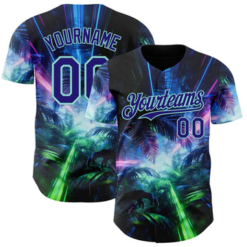 Uksn Individuelles Schwarz Dunkelviolett-Eisblau Cyber Tropische Palmen Dinosaurier Gothic-Fantasie Authentisches Baseball-Trikot