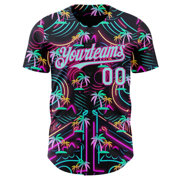 Uksn Individuelles Schwarz Eisblau-Dunkelrosa Cyber Tropische Palmen Musikfestival Authentisches Baseball-Trikot