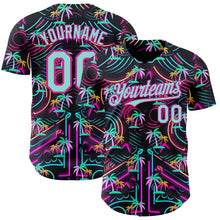 Laden Sie das Bild in den Galerie-Viewer, Uksn Individuelles Schwarz Eisblau-Dunkelrosa Cyber Tropische Palmen Musikfestival Authentisches Baseball-Trikot
