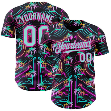 Uksn Individuelles Schwarz Eisblau-Dunkelrosa Cyber Tropische Palmen Musikfestival Authentisches Baseball-Trikot