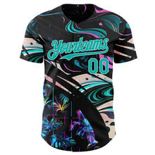 Laden Sie das Bild in den Galerie-Viewer, Uksn Individuelles Schwarz Aqua-Eisblau Cyber Tropische Palmen Musikfestival Flüssig Authentisches Baseball-Trikot
