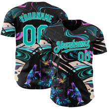 Laden Sie das Bild in den Galerie-Viewer, Uksn Individuelles Schwarz Aqua-Eisblau Cyber Tropische Palmen Musikfestival Flüssig Authentisches Baseball-Trikot
