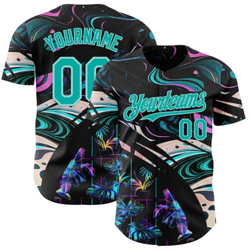 Uksn Individuelles Schwarz Aqua-Eisblau Cyber Tropische Palmen Musikfestival Flüssig Authentisches Baseball-Trikot