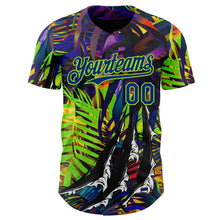 Laden Sie das Bild in den Galerie-Viewer, Uksn Individuelles Schwarz Royalblau-Neongrün Cyber Tropische Palmen Musikfestival Kratzspuren Authentisches Baseball-Trikot
