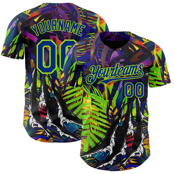 Uksn Individuelles Schwarz Royalblau-Neongrün Cyber Tropische Palmen Musikfestival Kratzspuren Authentisches Baseball-Trikot